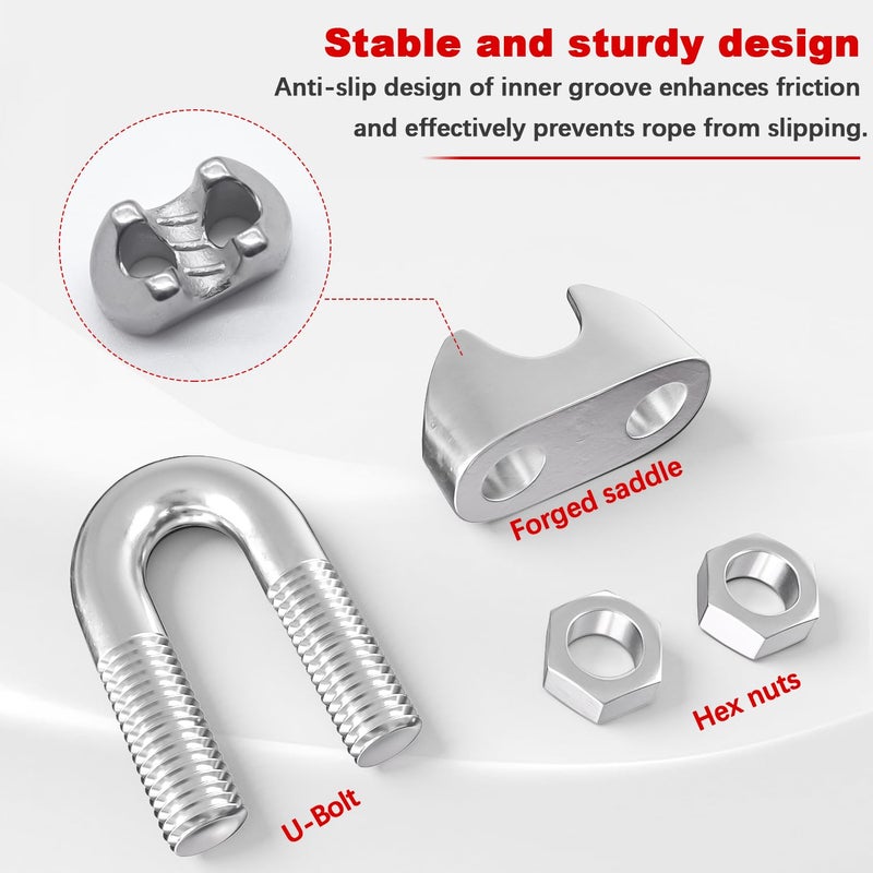 Twidec /20PCS 304 Stainless Steel 1/8" Wire Rope Cable Clip Clamp and Stainless Steel Thimbles for Wire Rope Rigging Tent Rope Guardrail System - Image 3